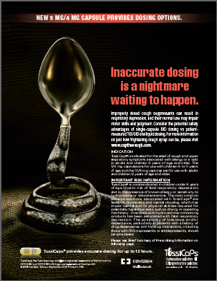 An advertisement for a new 5 mg/4 mg capsule. The background is black and the text is in white. On the left side of the image there is a large silver spoon with a snake coiled around it. The spoon is placed on top of a small metal bowl. The text on the image reads "Inaccurate dosing is a nightmare waiting to happen." On the right side there are two smaller text boxes with information about the capsule. At the bottom right corner the logo of TussiCaps is visible.