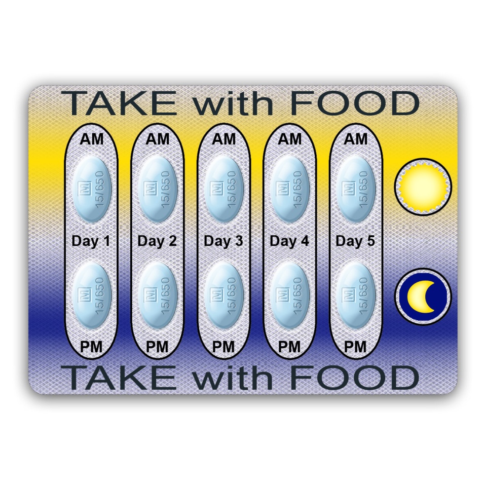 A rectangular card with a blue and yellow gradient background. On the top and bottom of the card there is text that reads "TAKE WITH FOOD" in white letters. Below the text there are six blue pills arranged in a row each with a different day of the week written on them. The pills are labeled "AM" "AM" and "PM". On the right side of the image there appears to be a yellow sun and a blue moon. The overall design is simple and cartoon-like.