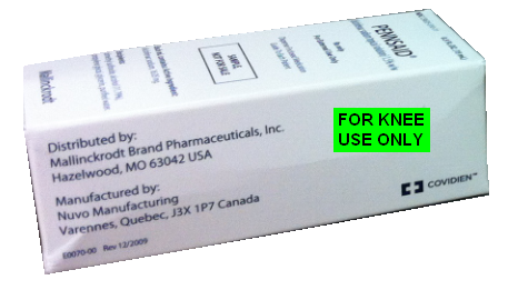 Of a white box with a label on it. The label reads "Distributed by: Mallinckrodt Brand Pharmaceuticals Inc. Hazelwood MO 63042 USA". The label also mentions that the product is manufactured by Nuvo Manufacturing Varennes Quebec J3X 1P7 Canada. There is a green "FOR Knee USE ONLY" label on the right side of the box. The box appears to be new and unused.