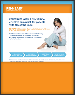 An advertisement for Pennsaid an effective pain relief for patients with OA of the knee. The advertisement features a photo of a woman sitting on the floor with her legs crossed and a smile on her face. She is wearing a white shirt and blue jeans. The background is white and the text is in orange and blue. The text on the advertisement reads "Penetrate with Pennsaid - effective pain relievers for patients" and "Pennsaid OA for the knee". Below the text there is a brief description of the product and its benefits. <br /><br />At the bottom of the advertisement there are three bullet points that explain the benefits of using the product. The first bullet point explains that the product is designed to help relieve pain and discomfort while the second bullet point provides information about the product's benefits. The third bullet point mentions that it helps to reduce pain and improve the overall health of the patient.<br /><br />Overall the advertisement is promoting Pennsaid's products and services.