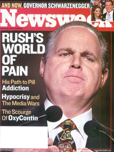 The cover of the magazine "Newsweek" with the headline "Rush's World of Pain: His Path to Pill Addiction Hypocrisy and the Media Wars The Scourge of OxyContin". The cover features a close-up of a man's face who appears to be in his late 40s or early 50s with short white hair and a serious expression. The man is Rush Limbaugh. He is wearing a suit and tie and is speaking into a microphone. The background is black and the headline is written in white text.