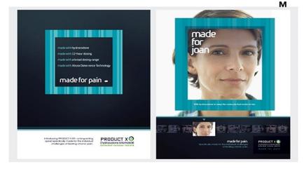 A brochure or flyer design for a company called "made for pain". The background of the brochure is black with a blue and white striped pattern. On the left side of the page there is a text that reads "Made for pain" in bold white letters. Below the text there are two smaller text boxes with the company's logo and contact information. On the right side the same text box has a photo of a woman's face in the center. The woman has short brown hair and is smiling at the camera. She is wearing a blue shirt and appears to be in her late 40s or early 50s. The text boxes are arranged in a grid-like pattern. At the bottom right corner of the left corner the text boxes have a white background with black text. The company's contact information is written in a smaller font size and is located at the bottom left corner. The overall design is modern and professional with a clean and minimalist layout.