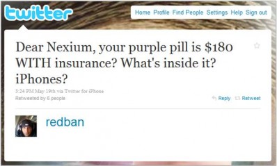 A screenshot of a tweet from the Twitter account Redban. The tweet reads "Dear Nexus your purple pill is $180 WITH insurance? What's inside it? iPhones? 3:24 PM May 19th via Twitter for iPhone Retweeted by 6 people." The tweet is accompanied by a profile picture of Redban and a reply button. The background of the tweet is a light blue color.