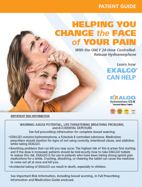 An advertisement for a patient guide titled "Helping You Change the Face of Your Pain". The background is white and the text is in black and orange. On the left side of the image there is a photo of a woman with her head in her hands looking up at the sky with a concerned expression on her face. She appears to be in pain or discomfort. The text on the image reads "With the only 24-hour controlled release hydromorphone" and "Learn how EXALGO can help". On the right side there are three bullet points that explain the benefits of using Exalgo a medication that helps to reduce pain and discomfort in the face. <br /><br />At the bottom of the advertisement it states that the patient is aware of potential life-threatening breathing problems and that the medication can be used to treat them. There is also a warning label that reads "Warning: Abuse potential life threatening breathing problems. See full prescription information for complete boxed warning."<br /><br />The overall design of the ad is simple and modern with a focus on the woman's face and the message it conveys.