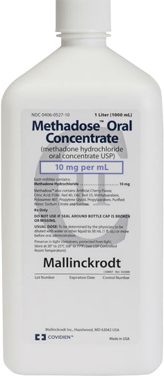 Of a white plastic bottle with a white cap. The bottle is labeled "Methadose Oral Concentrate" and has a label that reads "10 mg per ml". The label also mentions that the product is made in the USA and is called "Mallinckrodt". The bottle appears to be new and unused. The background is plain white.