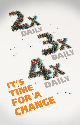 A graphic design with a white background. In the center of the image there are multiple numbers arranged in a way that they form the shape of a triangle. The numbers are made up of small orange and black dots representing the numbers 2x 3x and 4x. Below the numbers there is text that reads "It's time for a change". The text is in orange and is in a bold font. The overall design is simple and modern conveying a message of hope and progress.