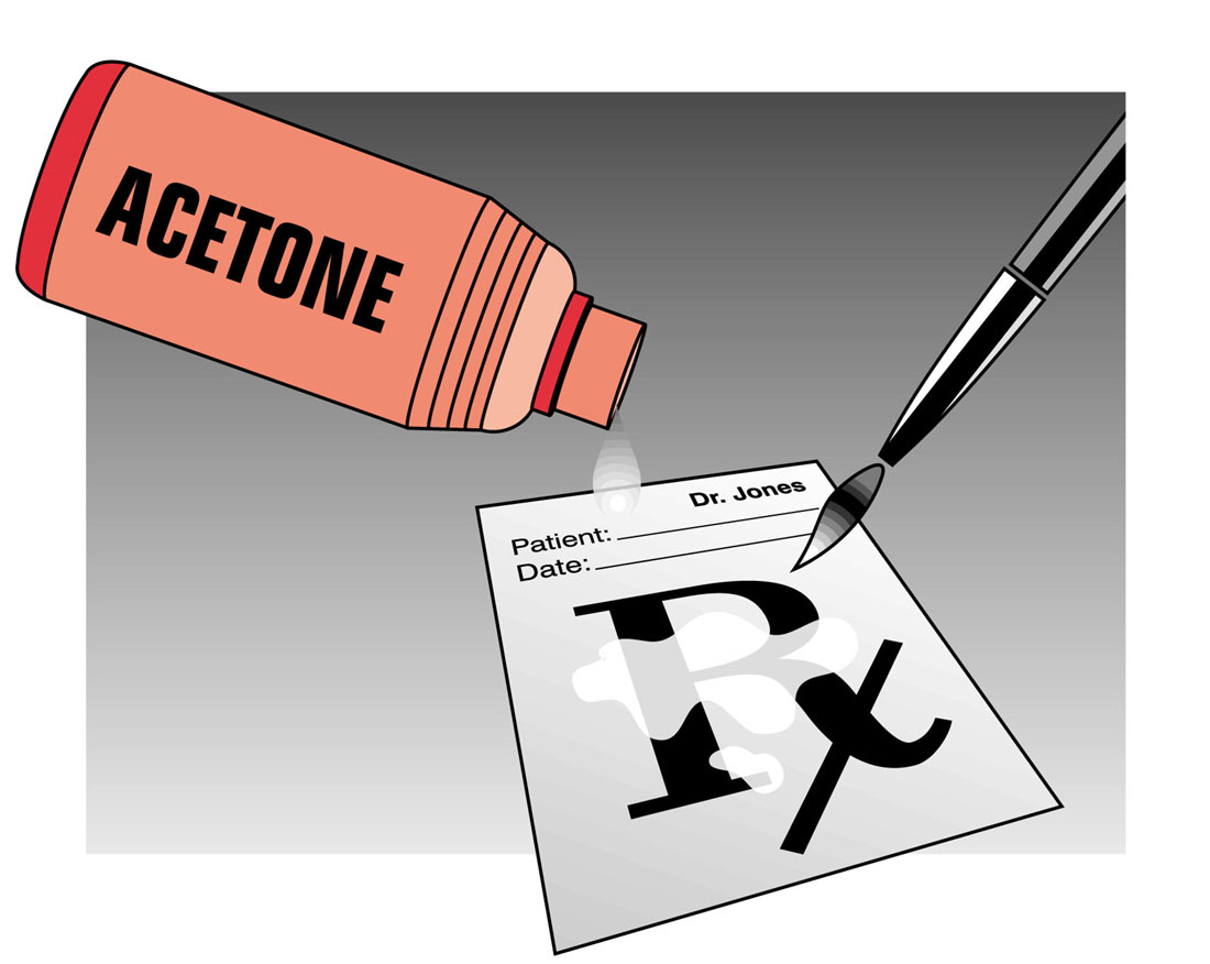 A red tube of acetone with the word "acetone" written on it. Next to the tube there is a black pen with a pointed tip. On the right side of the image there are two papers one with the text "Patient: Date: Dr. Jones" and the other with the letter "RX" written in black. The background is white. The image appears to be an illustration of a prescription or medical form.