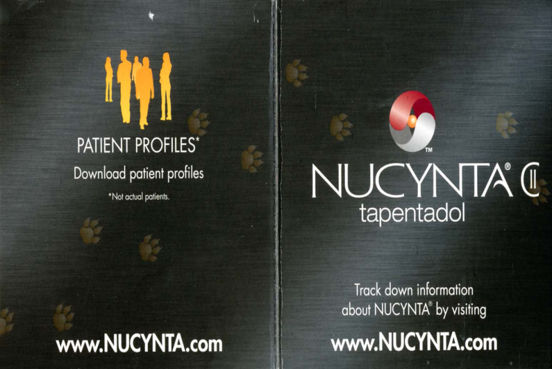 A black book cover with the title "Patient Profiles" and the website "www.NUCYNTA.com" on the left side. On the right side there is a logo of NUCYNTA Tapentadol a company that provides patient profiles. The logo is a red circle with a white outline and a white "N" in the center. Below the logo there are two lines of text that read "Download patient profiles" and "Not actual patients". The text is written in white and is in a modern sans-serif font. The background of the cover is black.