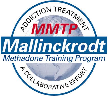 A logo for the MMMTP (Methadone Training Program) which is a collaborative effort to improve addiction treatment. The logo is circular in shape and has a blue background with a white border. In the center of the logo there is a white globe with the text "Addiction Treatment" written in red and blue. The text "MMTP" is written in a larger font size than the rest of the text. Below the text it says "Mallinckrodt Methadone training program" in a smaller font size. The overall design is simple and modern.