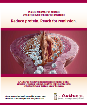 An illustration of a human body with a pink background. The body is divided into two sections with the left side showing the internal structure of the body and the right side showing a large intestine. The intestine is filled with small white cells which appear to be protein-rich proteins. The cells are arranged in a circular pattern around the intestine with some of them overlapping each other. The image is accompanied by text that reads "In a select number of patients with proteinuria of nephrotic syndrome. Reduce protein. Reach for remission." <br /><br />At the bottom of the image there is a label that says "H.P. Acthar Gel" and a logo for the company. The label also mentions that the product is available for purchase at a discounted price.
