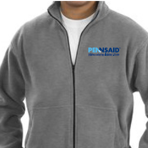 A man wearing a grey zip-up jacket with the word "PENSSAID" written in blue on the right side of the chest. The jacket has a full zipper and a collar. The man is wearing a white t-shirt underneath the jacket. The background is plain white.