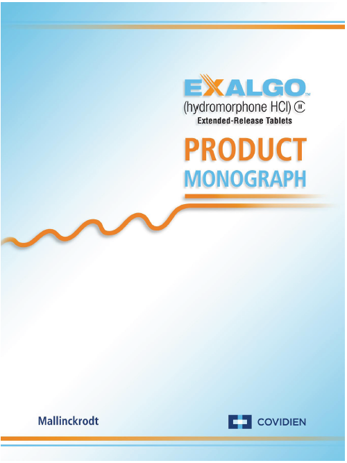 A product monograph cover of a product called "Exalgo (hydromorphone HC) Extended-Release Tablets". The cover has a light blue background with an orange line graph in the center. The line graph is curved and has a slight curve indicating a decrease in the product's performance. On the top right corner of the cover there is a logo for the company "Covidien" and on the bottom left corner the company name "Mallinckrodt" is written in white text. The cover also has a white border around the edges.