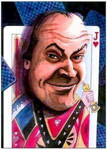 A caricature of a man's face. The man appears to be in his late 40s or early 50s with short dark hair and a mustache. He is wearing a colorful suit with a pink and blue pattern and is holding a gold trophy in his right hand. The background is white and the man's expression is one of joy and excitement. The illustration is done in a cartoon-like style with exaggerated features and bright colors.