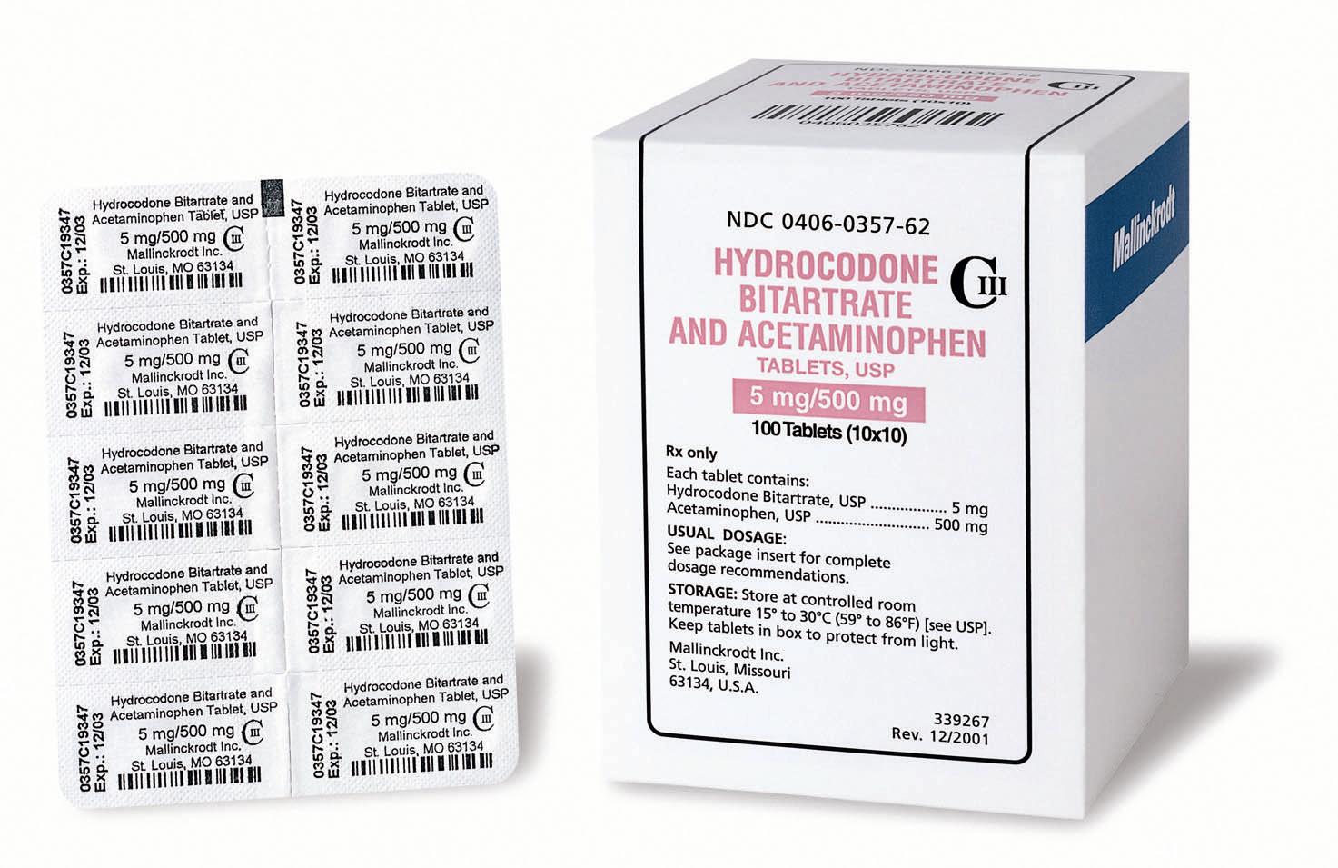 A white box with a blue label on the right side. The label reads "Hydrocodone Bitrate and Acetaminophen Tablets USP 5 mg/500 mg". On the left side of the box there is a blister pack of the same blister pack. The blister pack is rectangular in shape and has a white background with black text. The text on the blister pack reads "NDC 0406-0357-62". The label also mentions that the product is a hydrocodone bitrate and acetaminophen tablet. The box contains 100 tablets.