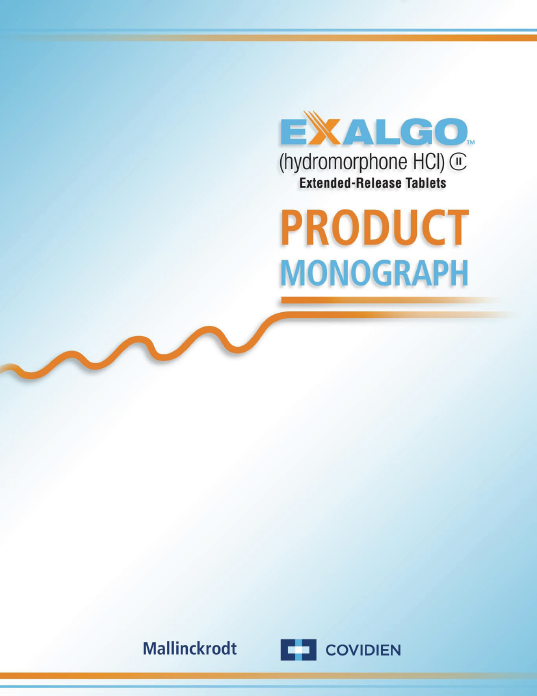 A product monograph cover page of a product called "Exalgo (hydromorphone HCI) Extended-Release Tablets". The background is a light blue color with a gradient effect. On the left side of the page there is an orange line graph that shows the growth of the product over time. The graph is labeled with the product name "Product Monograph" in bold black letters at the top. Below the graph there are two logos - "Mallinckrodt" and "Covidien". The company's logo is a white circle with a blue "X" in the center and the word "Eagle" is written in a larger font size than the rest of the text. The overall design of the cover page is simple and modern.