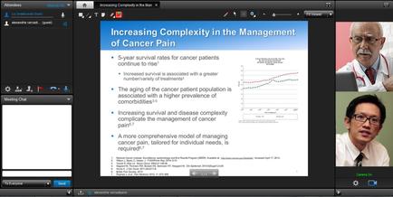 A screenshot of a presentation slide on a computer screen. The slide is titled "Increasing Complexity in the Management of Cancer Pain". The slide has a blue background with white text. On the left side of the slide there is a title that reads "5-year survival rates for cancer patients continue to rise". Below the title there are two graphs that show the increasing complexity of cancer pain in the management of cancer patients. On the right side on the bottom right corner there has a photo of a man in a white lab coat and glasses. He appears to be a doctor or a medical professional. He has a serious expression on his face and is looking directly at the camera. There are several buttons on the slide that can be used to navigate through the presentation.