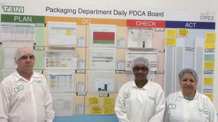 Three people standing in front of a bulletin board. The board is titled "Packaging Department Daily pica Board" and has various papers and charts pinned to it. The person on the left is a man wearing a white lab coat and a pink hairnet the person in the middle is a woman wearing a black lab coat and the woman on the right is a young girl wearing a blue lab coat. All three people are smiling and appear to be posing for the photo.