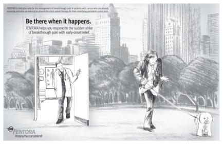 A black and white illustration of a man walking a dog on a leash in a park. The man is wearing a suit and tie and appears to be in his late twenties or early thirties. He is walking on a sidewalk with trees and buildings in the background. In the center of the image there is a large open door with a man standing in front of it. The door has a sign that reads "Be there when it happens. mentor helps you respond to the sudden strike of breakthrough pain with early onset relief." The man in the suit is holding a clipboard and seems to be explaining something to the dog. The dog is looking up at the man with a concerned expression on its face.