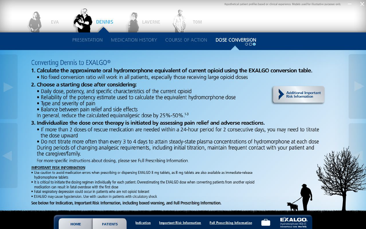 A screenshot of a webpage from the website "Exalgo.com". The webpage is titled "Converting Dennis to Exalgo" and has a blue header with white text. Below the header there is a navigation bar with links to different sections of the website.<br /><br />The main content of the webpage is a table with three columns. The first column is labeled "1. Calculate the approximate oral hydromorphone equivalent of current opioid using the EXALGO conversion table." The second column has a list of steps to take in order to convert the table. The third column has an image of a person walking a dog on a leash. The fourth column has information about the table such as the date time and location. The fifth column has links to a website's contact information page and a button to download the website for more information. <br /><br />At the bottom of the page there are two buttons - "Home" and "About Us" - which are likely used to navigate through the webpage.