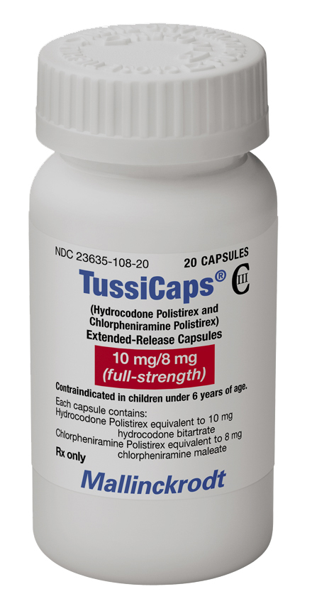 Of a white plastic pill bottle with a white cap containing 20 capsules of TussiCaps (10 mg of hydrocodone polistirex and 8 mg of chlorpheniramine polistirex (full-strength)). There is also a label for "Mallinckrodt" and the value NDC 23635-108-20.