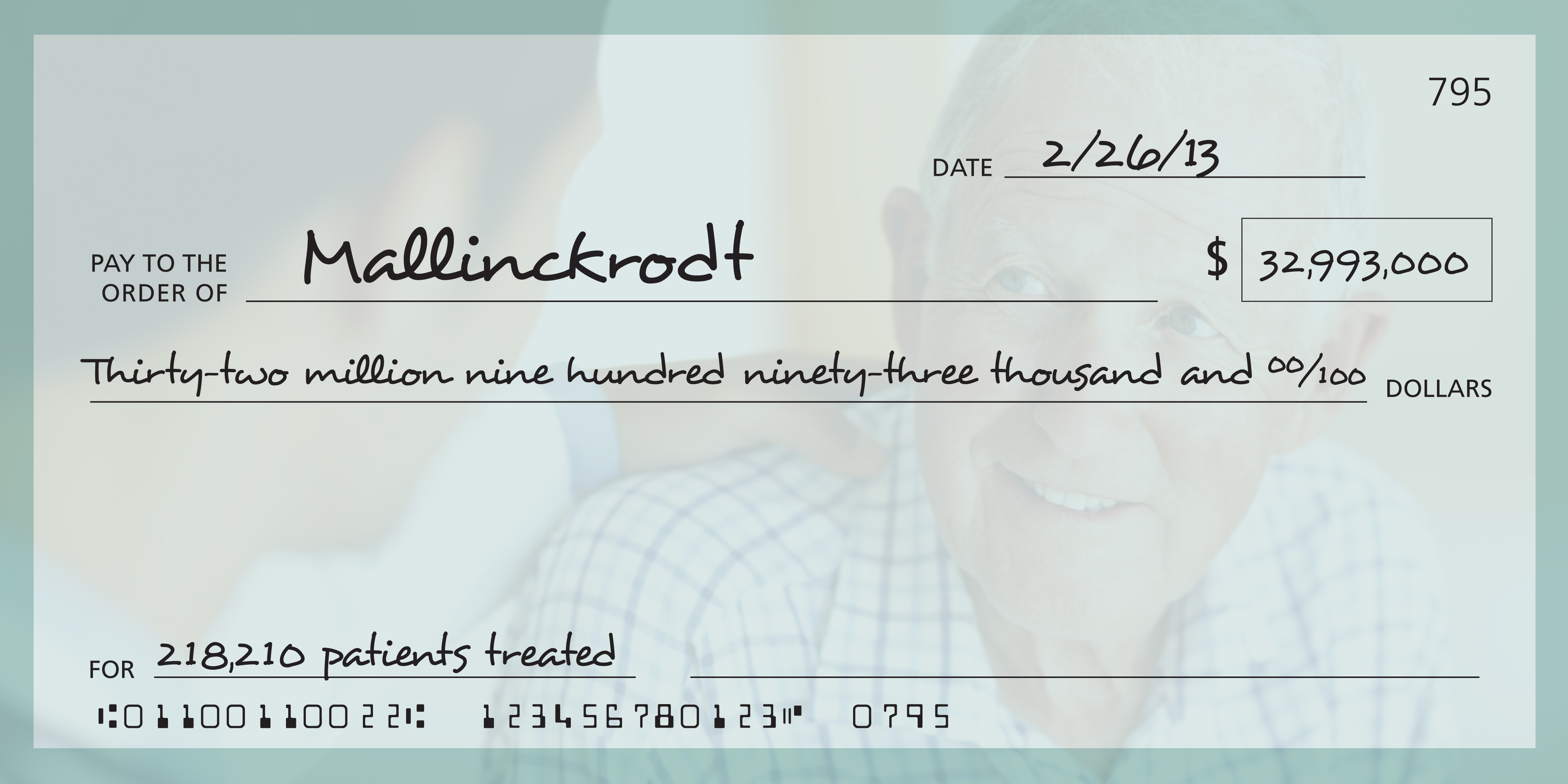 A check for a patient named Mallinckrodt. The check is dated 2/26/13 and has a total of 795 dollars. On the right side of the check there is a photo of an elderly man with white hair and a blue checkered shirt. He is smiling and looking directly at the camera. Below the photo there are two lines of text that read "Pay to the order of" and "Thirty-two million nine hundred ninety-three thousand and 00/100 dollars". The text below the photo reads "For 218210 patients treated". The check also has a barcode at the bottom.