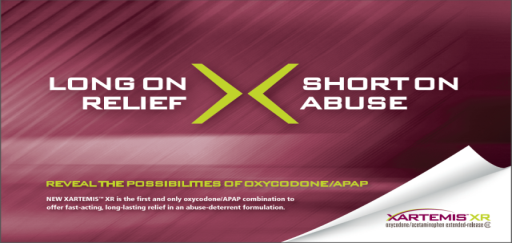 A graphic design with a maroon background and white text. The text reads "Long on Relief" and "Short on Abuse" in large bold letters. Below the text there is a smaller text that reads "Reveal the possibilities of Oxycodone/APAP". The text is in a modern sans-serif font and is centered on the image. The overall design is simple and minimalistic.