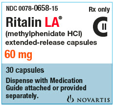 A label for Ritalin LA (methylphenidate HCI) extended-release capsules. The label is rectangular in shape and has a blue background with white text. The text on the label reads "NDC 0078-0658-15" and "Rx only". Below the text there is a description of the capsules which states that they are 60 mg and 30 capsules. <br /><br />The label also mentions that the capsules dispense with medication guide attached or provided separately. There is also a logo of Novartis on the bottom right corner of the label.