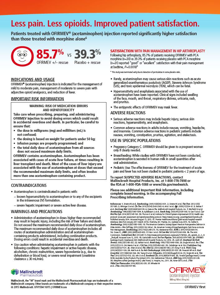 An infographic that explains the results of a patient satisfaction survey. It has a white background with orange and blue text. The title of the survey is "Less pain. Less opioids. Improved patient satisfaction." Below the title there is a red circle with a smiley face and the text "85.7% vs 39.3%". <br /><br />The infographic also includes information about the patient's satisfaction with pain management in the treatment of opioids. It states that the patient treated with OIFMEV (Ofirmev) is 85.7% which is a type of medication used to treat pain.<br /><br />There are also several bullet points on the infographic including "Indications and Usage" "Important Risk Information" "Adverse Reactions" "Use in Specific Populations" and "Contradictions". These bullet points provide further details about the survey and how it can be used to assess the effectiveness of the treatment.