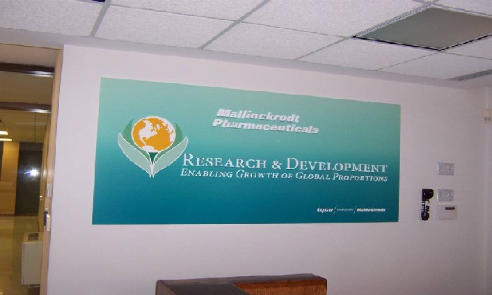 A large green banner hanging on a white wall in an office or reception area. The banner has the logo of Mallinckrodt Pharmaceuticals a pharmaceutical company and the text "Research & Development: Enabling Growth of Global Proportions". The logo is a globe with a green leaf in the center representing the company's focus on research and development. Below the logo there is text that reads "Research and Development" in white letters. On the right side of the banner there are two telephone booths and a wooden desk. The background of the image shows the interior of the office with a glass door and a window.