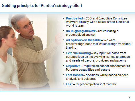 A man and a woman standing in front of a whiteboard and pointing to a list of guiding principles for Purdue's strategy effort. The man is wearing a beige sweater and glasses and is gesturing with his hand as he speaks to the woman. The woman is looking at him attentively and appears to be listening intently. The list on the right side of the image is titled "Purdue-led CEO and Executive Committee will work directly with a select cross-functional working team. No in-going answer - not validating a preconceived answer. All options on the table - we want breakthrough ideas that will challenge traditional thinking. External looking - key input will come from perspectives on the evolving market landscape and needs of payors providers and patients. Objective - requires an honest assessment of Purdue's capabilities and assets. Fact based - decisions will be based on deep analysis and evidence. Fast-target completion in 3 months."