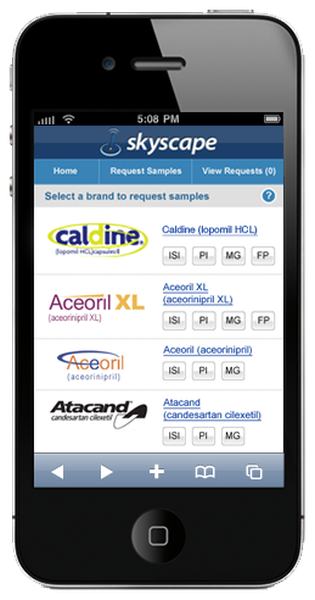 A screenshot of a mobile phone screen displaying the Skyscape app. The app is open and the user is in the process of selecting a brand to request samples. The top of the screen has a blue header with the ape's logo and the time "5:08 PM" at the top. Below the header there is a search bar with options such as "Home" "Request Samples" "View Requests" and "calcine". Below the search bar there are several logos of different brands including "ceorl XL" "ataman" "Acerol XL" etc. The logos are arranged in a grid-like pattern with each logo representing a different brand. The background of the app is white and the text is black.