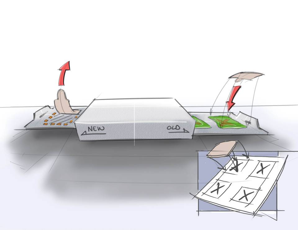 A digital illustration of a desk with a computer monitor keyboard and other office supplies. On the desk there is a white box with the word "NEW" written on it in black letters. Next to the box there are two red arrows pointing towards the left side of the image. The arrow on the right side is pointing towards a green screen with a red arrow pointing to it. The screen appears to be displaying a game or activity. The background is white and the desk is drawn in a simple cartoon-like style.