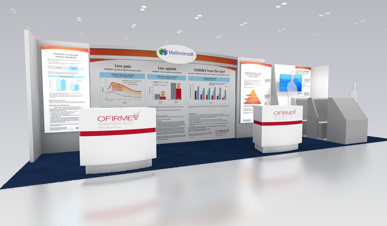 A 3D rendering of a trade show booth with a blue carpet and white walls. The booth is divided into three sections each with a different design and color scheme. <br /><br />The first section on the left side of the booth has a large banner with the word "OFIRMEV" written in bold red letters. Below the banner there is a large poster with various graphs and charts that provide information about the company's products and services. The second section has a smaller banner with a colorful illustration of a person's face and the company logo. The third section has an image of a computer monitor and a desk with a computer keyboard and mouse.<br /><br />There are also two smaller banners on the right side one with a red and white striped design and the other with a white and blue striped design. The banners also have text that explains the company and its products. The overall design of the exhibition stand is modern and professional with a clean and organized layout.