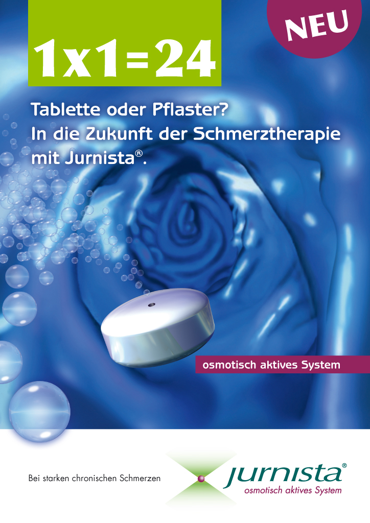 An advertisement for a product called "Jurnista" which is a skincare product. The background of the image is blue with a white rose in the center. The rose is made up of small bubbles giving it a soft and delicate appearance. The text on the image reads "1x1=24 Tablete oder Pfaster? In die Zukunft der Schmerztherapie mit Jurnista". The text is in German and translates to "Tablette of the Pfaster in the Zukunnft of the Schmerzertherapies with Jurnista". The product is a white cylindrical device with a silver lid. The image also has a pink circle on the top right corner with the word "NEW" written in white. The brand name "JURNISTA" is written in green at the bottom right corner.