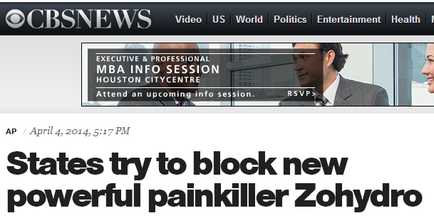 A screenshot of the homepage of CBS News a news channel. The top of the page has the CBS News logo and the title "Executive & Professional MBA Info Session Houston City Centre". Below the title there is a subtitle that reads "Attend an upcoming info session. RSVP: AP April 4 2014 5:17 PM." On the right side of the image there are two men and a woman both dressed in formal attire engaged in a conversation. The man on the left is wearing a suit and tie and the woman on the right has a serious expression on her face. The background is blurred but it appears to be an office building. At the bottom of the screen the text "States try to block new powerful painkiller hydro" is written in bold black font.