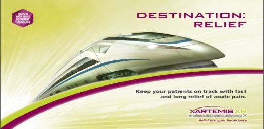 An advertisement for XARTEMIS XR a company that provides relief for patients on track with fast and long relief of acute pain. The background of the image is a gradient of yellow and pink with a train in the center. The train is white with blue stripes and has a sleek design. The text on the image reads "DESTINATION: RELIEF" in bold black letters. Below the train there is a smaller text that reads "Keep your patients on tracks with fast long relief and acute pain." The company's logo is also visible in the top left corner. The overall design of the advertisement is modern and eye-catching.