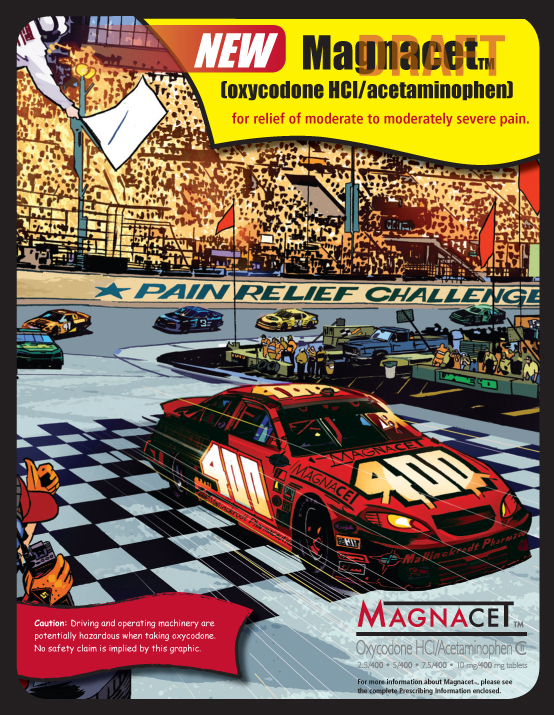 An advertisement for a pain relief challenge. It features a red car with the number 400 on it driving on a race track with a crowd of spectators in the background. The car is in the center of the image with the words "Pain Relief Challenge" written above it. The background shows a large crowd of people cheering and waving flags. The text on the image reads "New Magnacet (oxycodone HCI/acetaminophen) for relief of moderate to moderately severe pain." The text below the car reads "Caution: Driving and operating machinery are not allowed to operate the car." The image also includes a red banner at the bottom that reads "Magnacet" and a logo for the company.