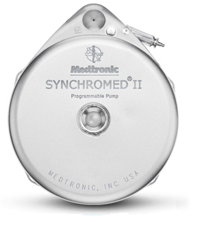 Of a Medtronic Synchromed II Programmable Pump. It is a round silver-colored device with a handle on the top for easy carrying. The device has a small circular button in the center which is likely used to control the flow of blood. On the front of the device there is a label that reads "Medtronic Inc. USA." The device appears to be new and unused with no visible damage or wear.