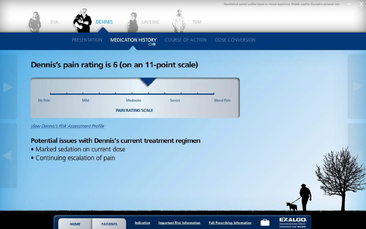 A screenshot of a webpage from the website Exalgo. The webpage is titled "Dennis's pain rating is 6 (on an 11-point scale)". The page has a blue background with white text. At the top of the page there is a navigation bar with various options such as "Presentation" "Medication History" "Course of Action" "Dose Conversion" and "Exalgo". Below the navigation bar there are three images of people - a man and a woman - standing in front of a tree. <br /><br />The main content of the webpage is a table with three columns. The first column is labeled "Pain Rating Scale" and the second column has a line graph that shows the percentage of patients who have been diagnosed with Dennis's pain. The graph shows that Dennis has a positive rating of 6 on an 11 point scale. The third column has the potential issues with Dennis' current treatment regimen marked sedation on current dose and continuing escalation of pain.<br /><br />At the bottom of the image there has a button that says "Home" and a link to the website's home page.