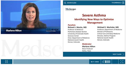 A screenshot of a video titled "Severe Asthma Identifying New Ways to Optimize Management". On the left side of the screen there is a photo of a woman with long brown hair and a serious expression on her face. She is wearing a black blazer and is standing in front of a blue background. On the right side there are three panelists listed below the photo. The panelists are Richard J. Martin MD Michael E. Wechsler MD and Michael E. MD. The text on the panelists' names is written in white and black font. At the bottom of the image there has a button that says "Next Slide".
