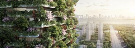 A 3D rendering of a tall building with a green wall on the side. The building appears to be a high-rise structure with multiple levels and balconies. The wall is covered in lush greenery including trees plants and flowers. The plants are arranged in a vertical manner creating a canopy over the building. The flowers are in various shades of pink purple and white adding a pop of color to the otherwise green landscape. In the background there is a city skyline with tall buildings and skyscrapers. The sky is blue and the sun is setting casting a warm glow over the city. On the right side of the image there are several tall buildings including a skyscraper and a modern skyscraper. The cityscape is visible in the distance with a river running through it. The image is taken from a high vantage point looking down on the city below.