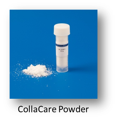 A small white plastic vial with a white cap and a blue label. The vial is filled with a powdery substance which appears to be CollaCare Powder. The background is a solid blue color. The label on the vial has the brand name "CollaCare" written in white letters. The image is framed by a black border.