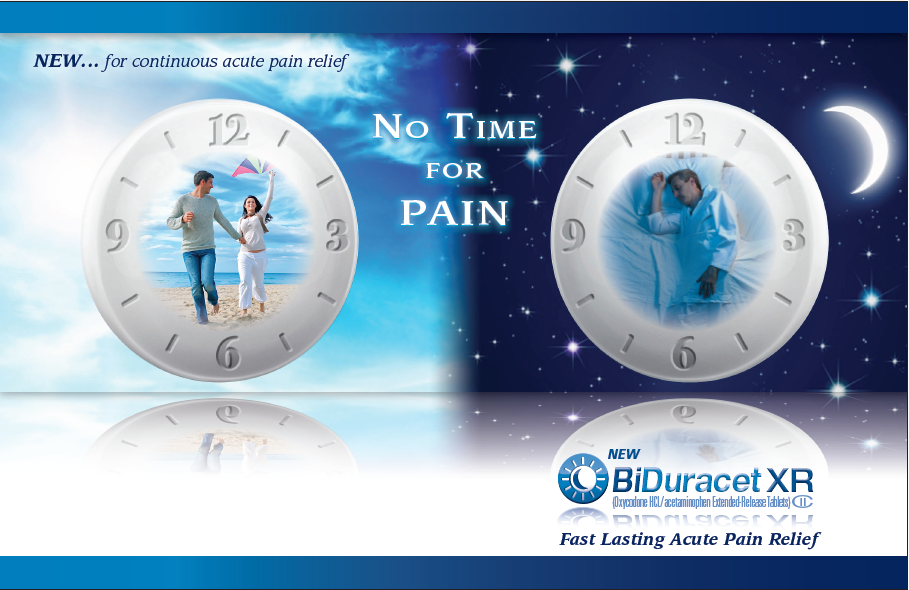 An advertisement for Biduracet XR a fast-lasting acute pain relief company. The background of the image is a night sky with stars and a crescent moon. In the center there is a large clock with a picture of a man and a woman walking on the beach. The clock has a white face with black numbers and hands. The text on the clock reads "No time for pain" and "New... for continuous acute pain relievers". Below the clock there are two smaller images of the same clock face. The company's logo is also visible in the bottom right corner.