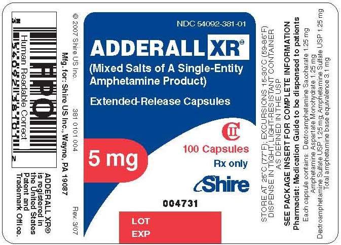 A label for Adderall XR (Mixed Salts of a Single-Entity Amphetamine Product) Extended-Release Capsules. The label is rectangular in shape and has a blue background with white text. The brand name "Adderall" is written in bold letters at the top followed by the product name "XR" in smaller letters. Below the brand name there is a barcode and the number "5 mg" in red letters. <br /><br />The label also has a red and white label with the words "100 Capsules" and "Rx only" written on it. There is also a "Lot Exp" label on the bottom right corner indicating that the product is available for purchase at a discounted price of $0.4731.<br /><br />On the left side of the label there are two barcodes one for the brand and the other for the product. On the top left corner it says "NDC 54902-381-01" and on the top right corner there is the product information.