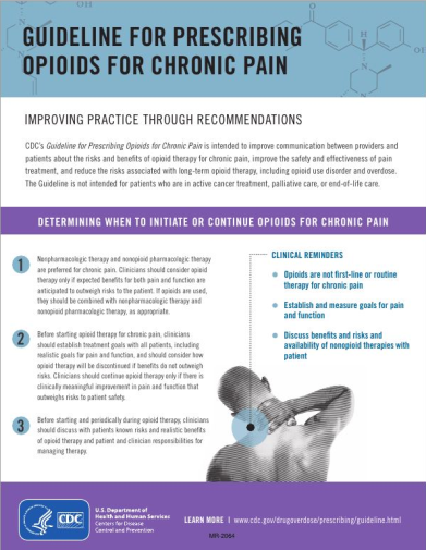 An infographic titled "Guideline for Prescribing Opioids for Chronic Pain". It has a blue background with white text. The title is written in large bold font at the top of the page. Below the title there is a subtitle that reads "Improving Practice Through Recommendations". <br /><br />The infographic is divided into three sections. The first section is titled "Determining When to Initiate or Continue Opioid for Chronic pain" and has a list of steps to take in order to improve the practice. The second section has a brief description of the steps which includes:<br /><br />1. Determine when to initiate or continue opioids for chronic pain<br />2. Clinical Reminders<br />3. Establish and measure goals for pain<br />4. Discuss the benefits and risks associated with chronic pain.<br /><br />At the bottom of the infographic there are two logos one for the CDC and the other for the United States Department of Health and Human Services.