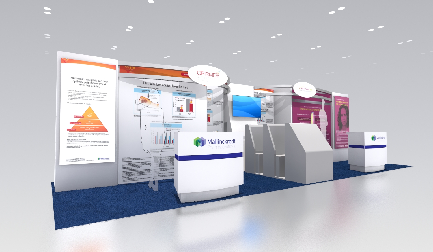 A 3D rendering of a trade show booth with a blue carpeted floor and white walls. The booth is divided into three sections each with a different design and color scheme. <br /><br />On the left side of the booth there is a large white banner with an orange and white design. The banner has a map of the world on it and on the right side there are several smaller banners with different colors and designs.<br /><br />In the center of the image there appears to be a desk with a computer monitor and a keyboard. The desk is white and has a blue and white logo on the front. There are also several smaller white tables with a pink and purple design on them. The background is a white wall with a large window and there are recessed lighting fixtures on the ceiling. The overall design of the exhibition stand is modern and professional with a focus on technology and innovation.