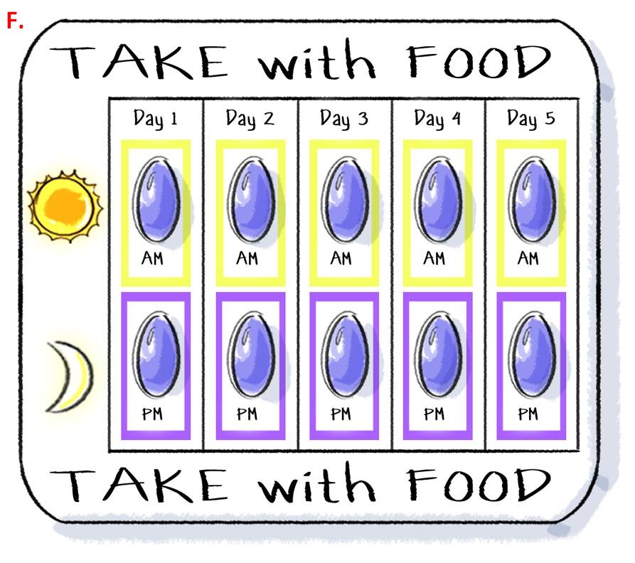 A calendar with the words "TAKE WITH FOOD" written at the top and bottom. The calendar is divided into six sections each with a different day of the week. The first section is labeled "Day 1" the second section is titled "Day 2" the third section is numbered "Day 3" and the fourth section is labeled "Day 4". Each section has a small illustration of a blue egg on it. The egg is arranged in a grid-like pattern with each day having a different color. The background of the calendar is white and there is a yellow sun on the top left corner. On the bottom right corner there is an illustration of the moon. The overall theme of the image is to take with food.