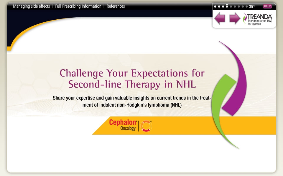 A screenshot of a webpage from a website called "Challenge Your Expectations for Second-Line Therapy in NHL". The webpage has a white background with a colorful design on the right side. On the left side there is a title in bold black font that reads "Share your expertise and gain valuable insights on current trends in the treat-ment of indoor non-Hodgkin's lymphoma (NHL)". Below the title there are two logos - one is a purple and green wave-like design and the other is a yellow and orange logo. At the top of the page there has a navigation bar with various options such as "Managing side effects" "Full Prescribing Information" and "References".