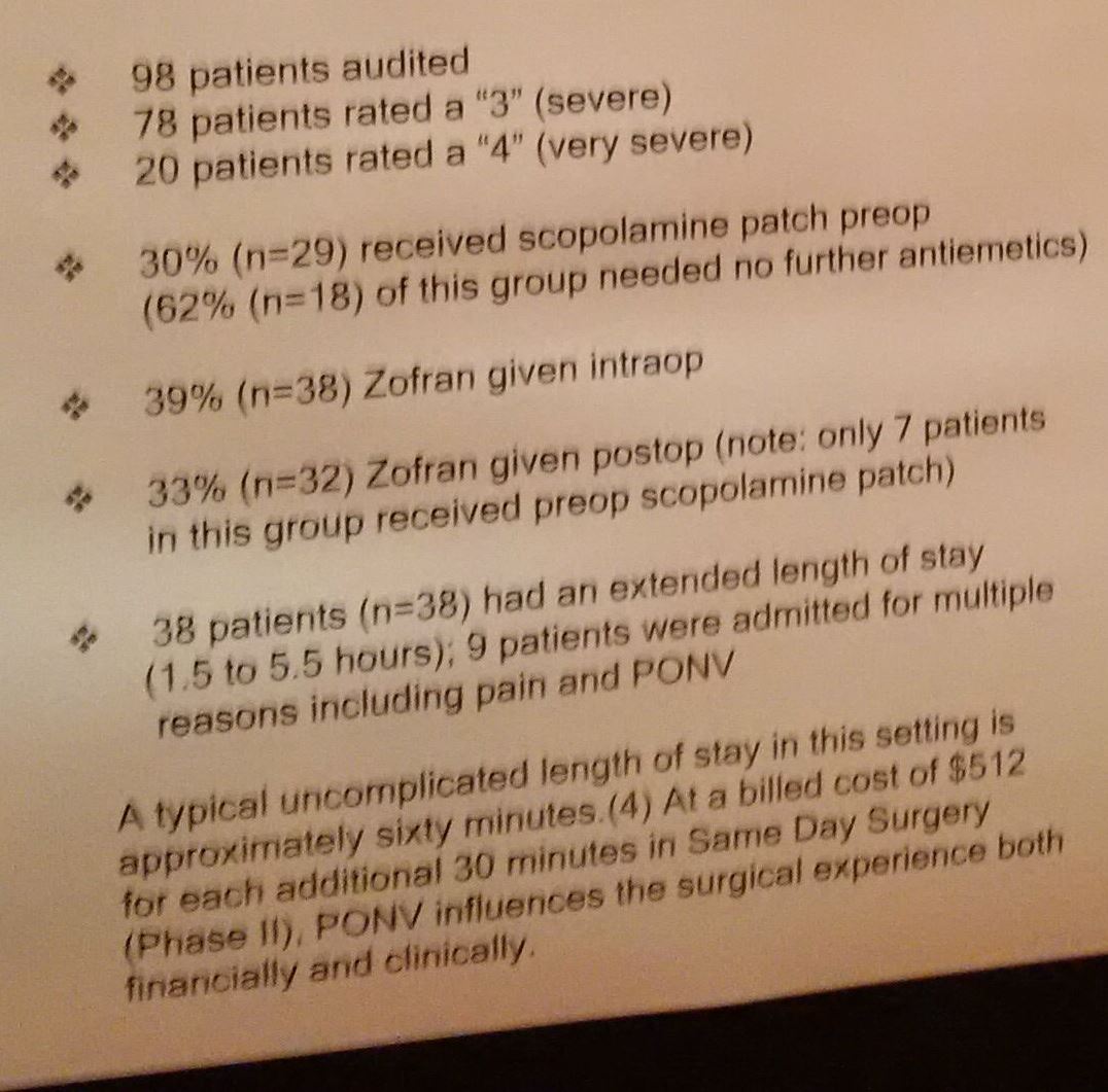 A table with three columns and three rows. The first column is titled "98 patients audited" and the second column is labeled "78 patients rated a "3" (severe)". The table is divided into three sections.<br /><br />The first section has a list of 98 patients each with a different rating. The rating is:<br /><br />- 30% (n=29) received scopolamine patch prep (62%) of this group needed no further antiemetics<br />- 33% (N=38) Zofran given postop (note: only 7 patients in this group received a "4" (very severe)".<br />- 38 patients (n =38) had an extended length of stay (1.5 to 5.5 hours) and 9 patients were admitted for multiple reasons including pain and PONV<br />- A typical uncomplicated length of Stay in this setting is approximately sixty minutes (4) at a billed cost of $512 for each additional 30 minutes in Same Day Surgery<br />- Phase II PONVI influences the surgical experience both financially and clinically.