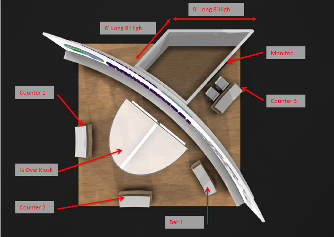 A 3D rendering of a modern kitchen countertop with a curved design. The countertop is made of a light-colored wood and has a white countertop in the center. On the left side of the countertop there is a countertop that has a 1% oval-shaped countertop and a counter on the right side. There are also two countertops one on top of the other with a monitor on top. <br /><br />There are also several other countertops scattered around the countertops. The topmost countertop has a long straight edge while the bottommost countertops have a curved edge. There is also a bar at the bottom which is likely used to measure the height of each countertop.<br /><br />The countertops are arranged in a way that they are overlapping each other creating a sense of depth and dimension. The image also has a label on the top right corner that reads "Monitor" and "Counter 1".